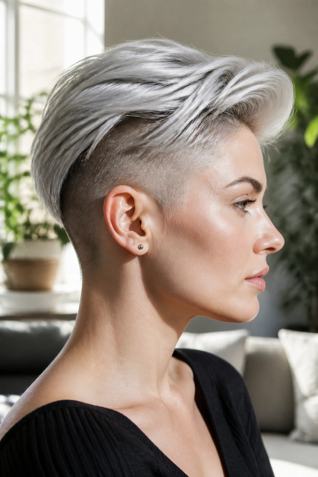 Close-up profile of a real person with an undercut and silver top layer