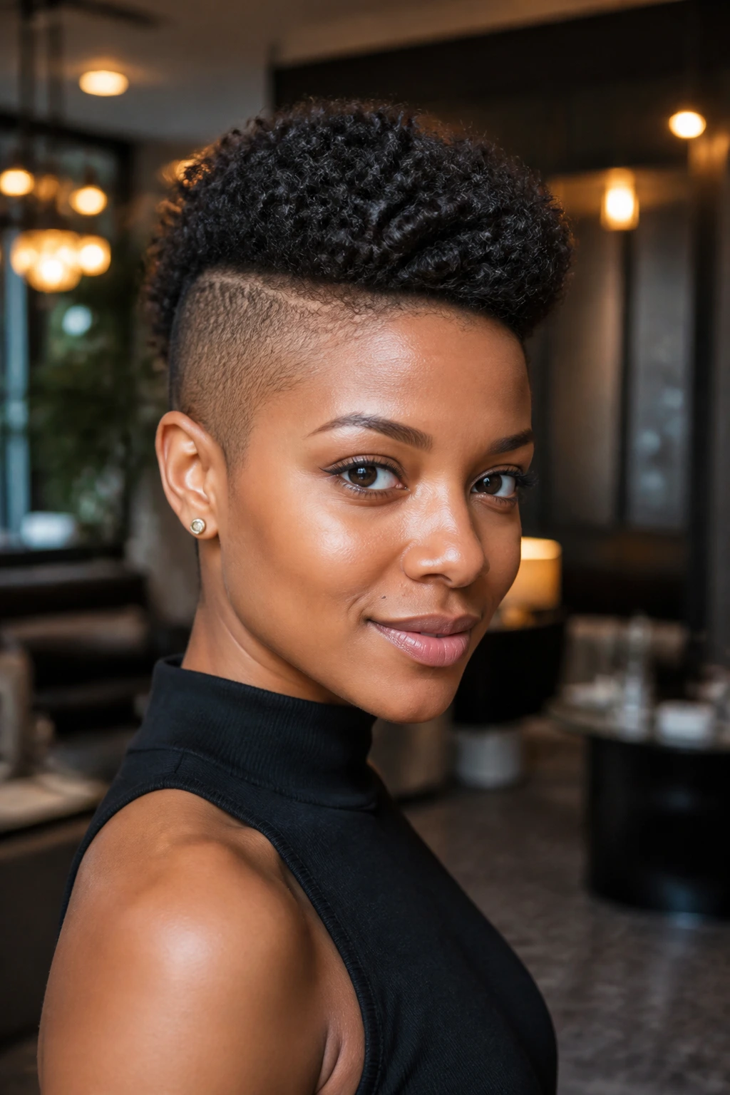 Close-up portrait of a real Black woman with undercut and sponge-rolled top