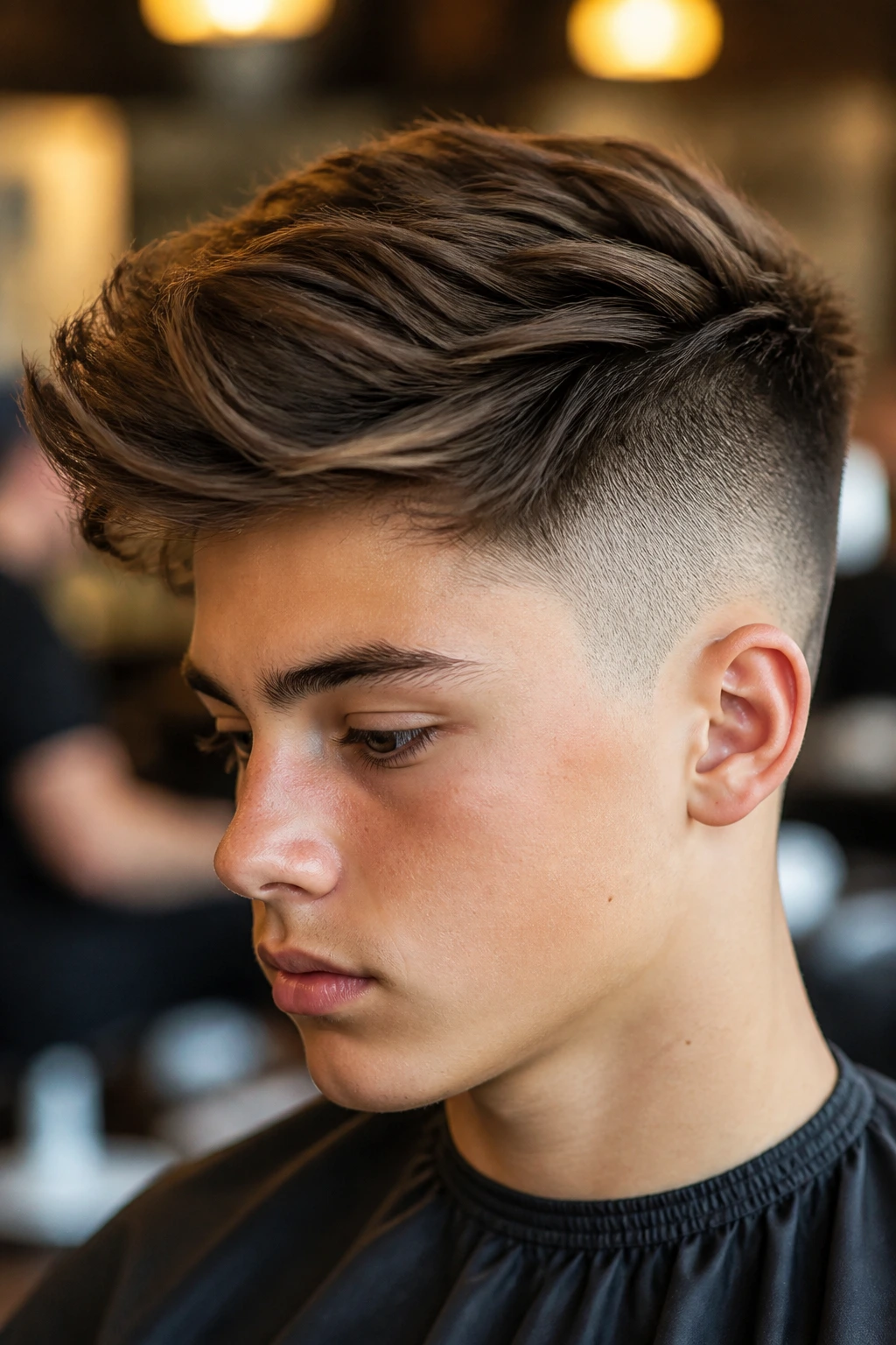 Close-up of a real boy's undercut swoop hairstyle with disconnected sides