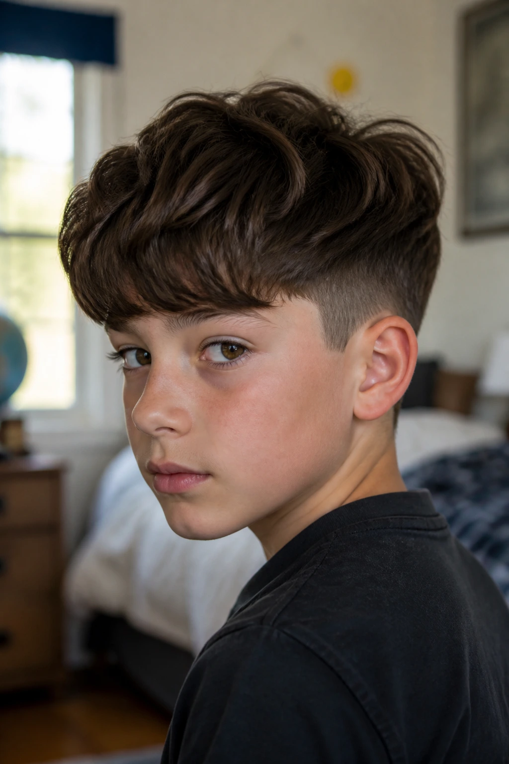 Close-up portrait of a boy with an undercut bob on thick hair, showing shaved sides and clean perimeter.