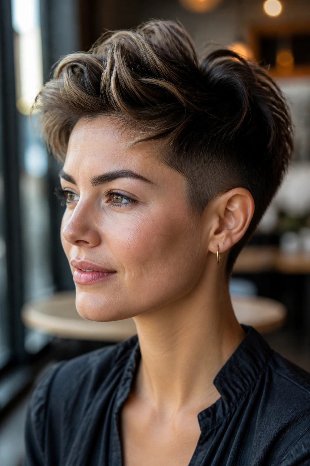 Close-up portrait of a real woman with undercut volume pixie hairstyle