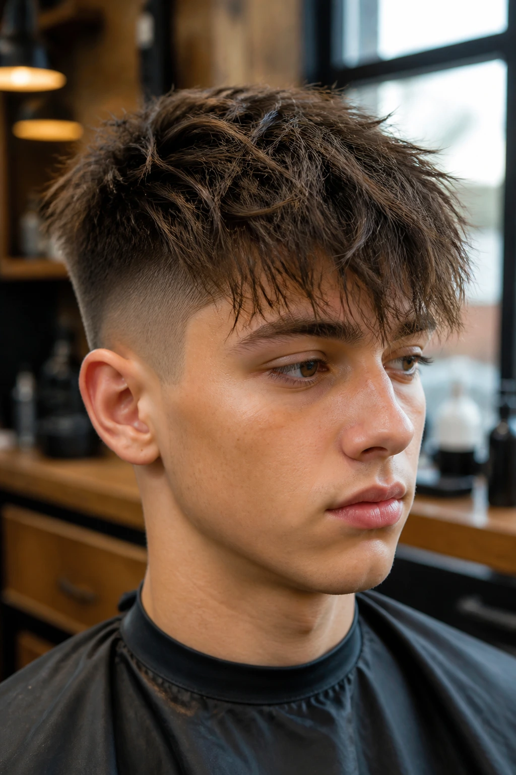 Portrait of a real boy with an undercut and wispy top in a barbershop.
