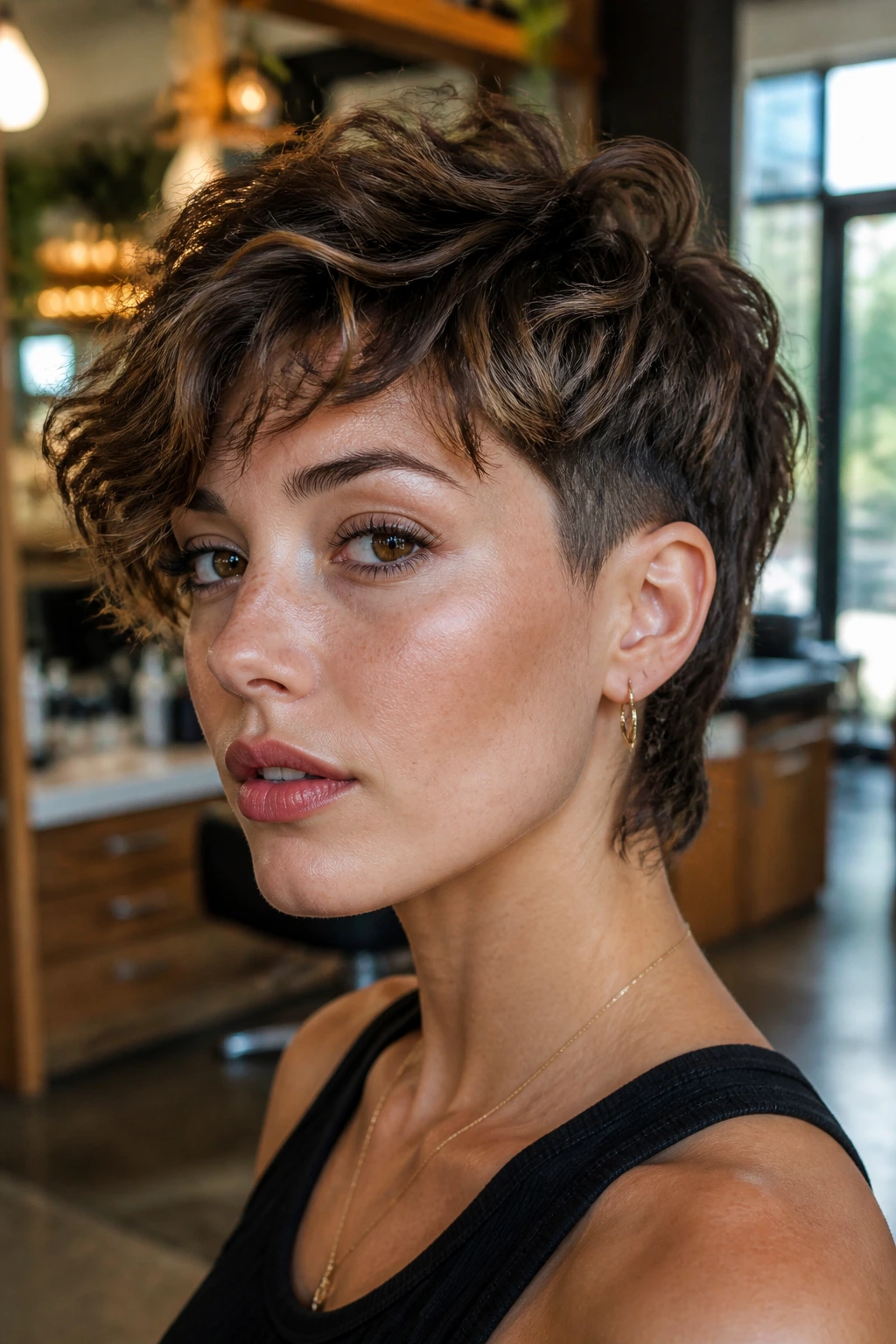 Close-up portrait of a real woman with an undercut wolfcut showing nape shaved and textured top in a salon setting