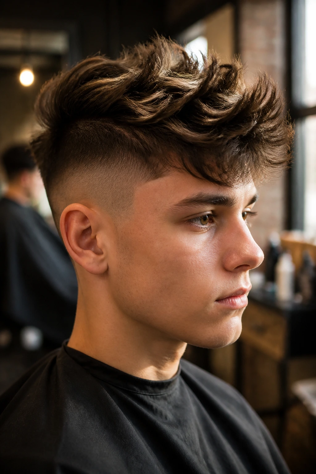 Close-up portrait of a thick-haired boy with an undercut in a barber-shop setting