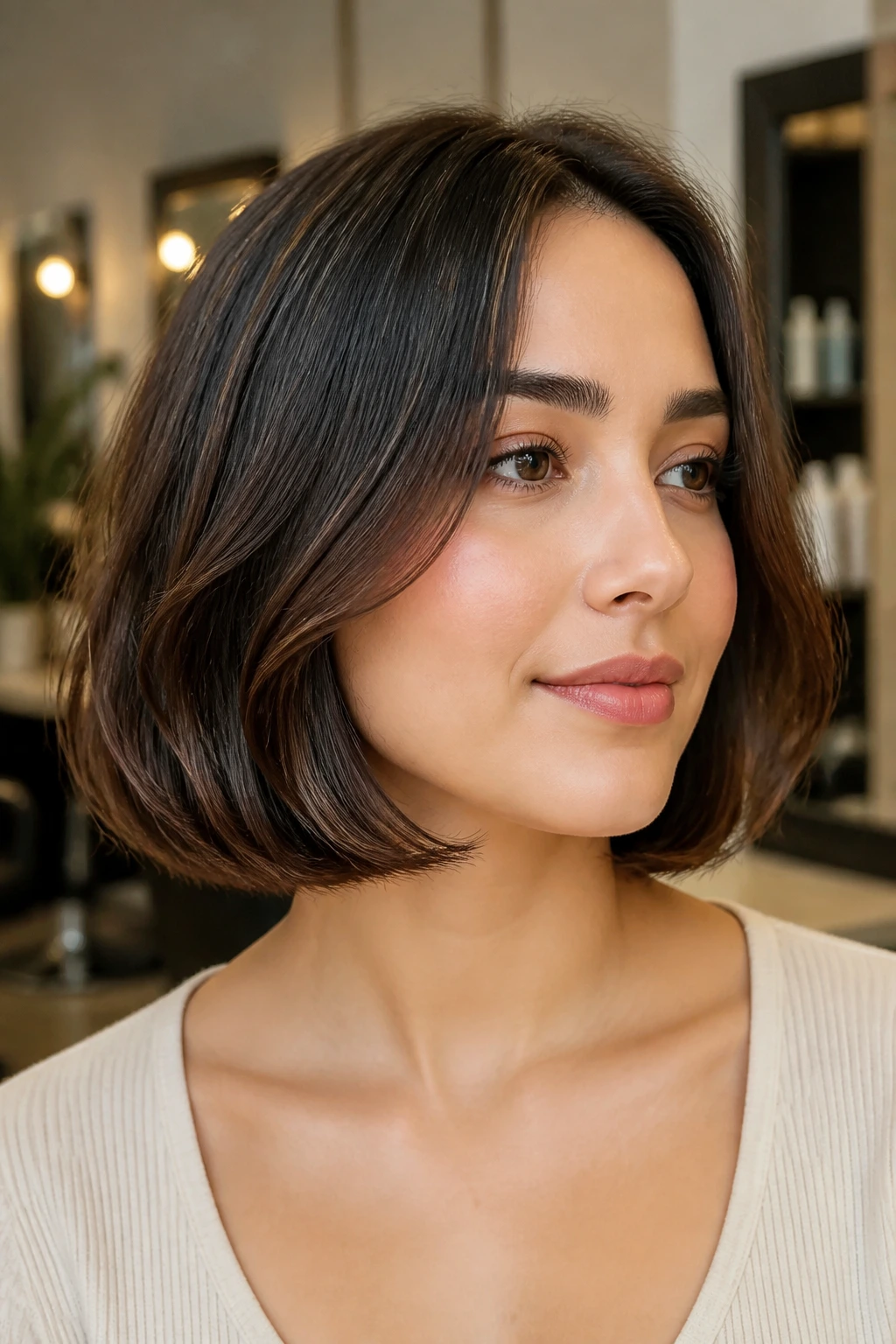 Close-up portrait of a real woman with underflip bob ends curling inward