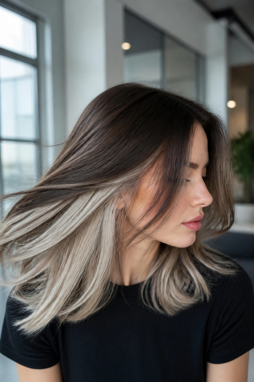 Close-up of a person showing an underlayer ash blonde pop beneath darker top layer.