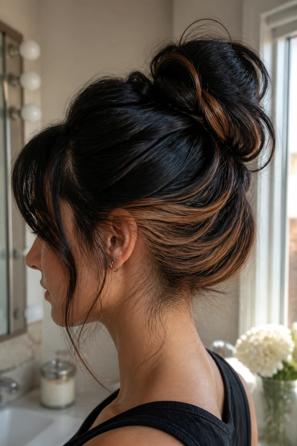 Close-up of thick hair in a bun with caramel underlayer peeking out