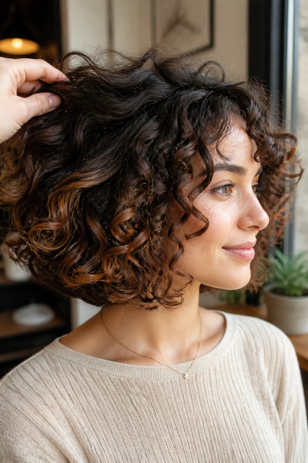 Close-up of a real person with an underlayer curly bob and warm brown swirls