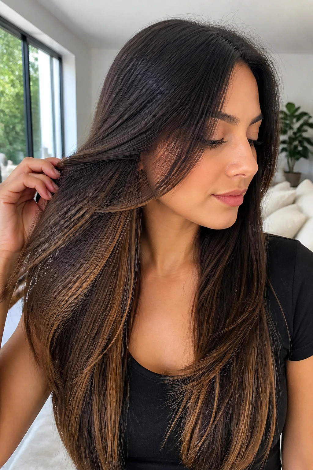 Close-up of a woman showing caramel underlayer highlights beneath a darker top layer