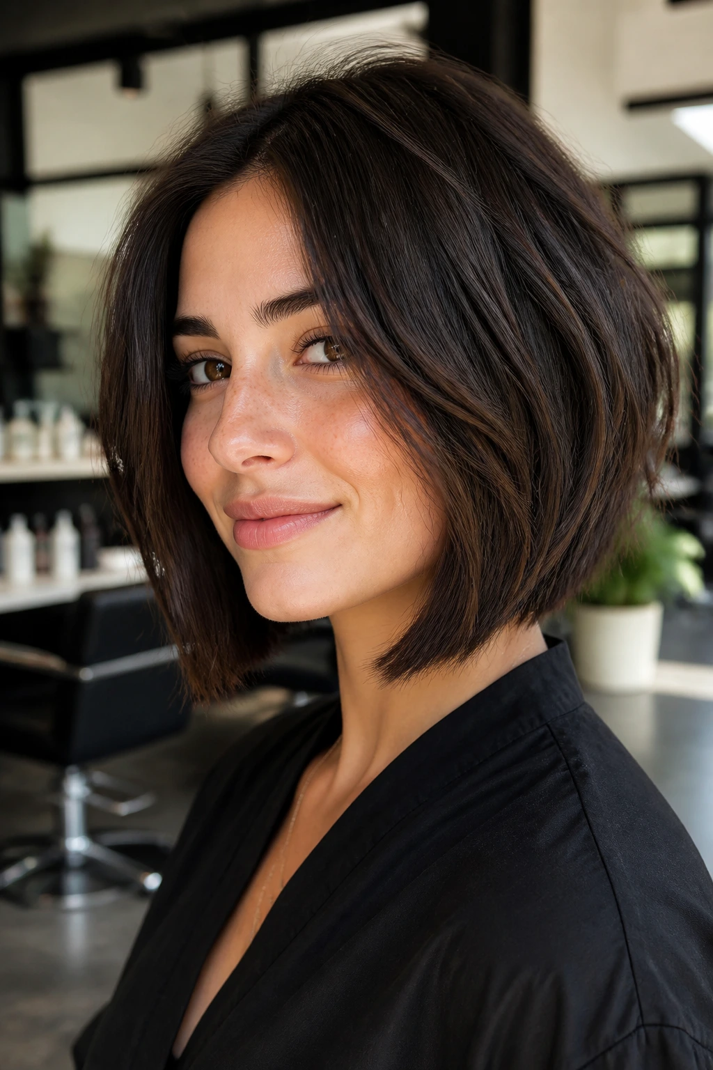 Close-up of a real woman with an underlayer lob showing lighter underlayers and clean jaw silhouette.