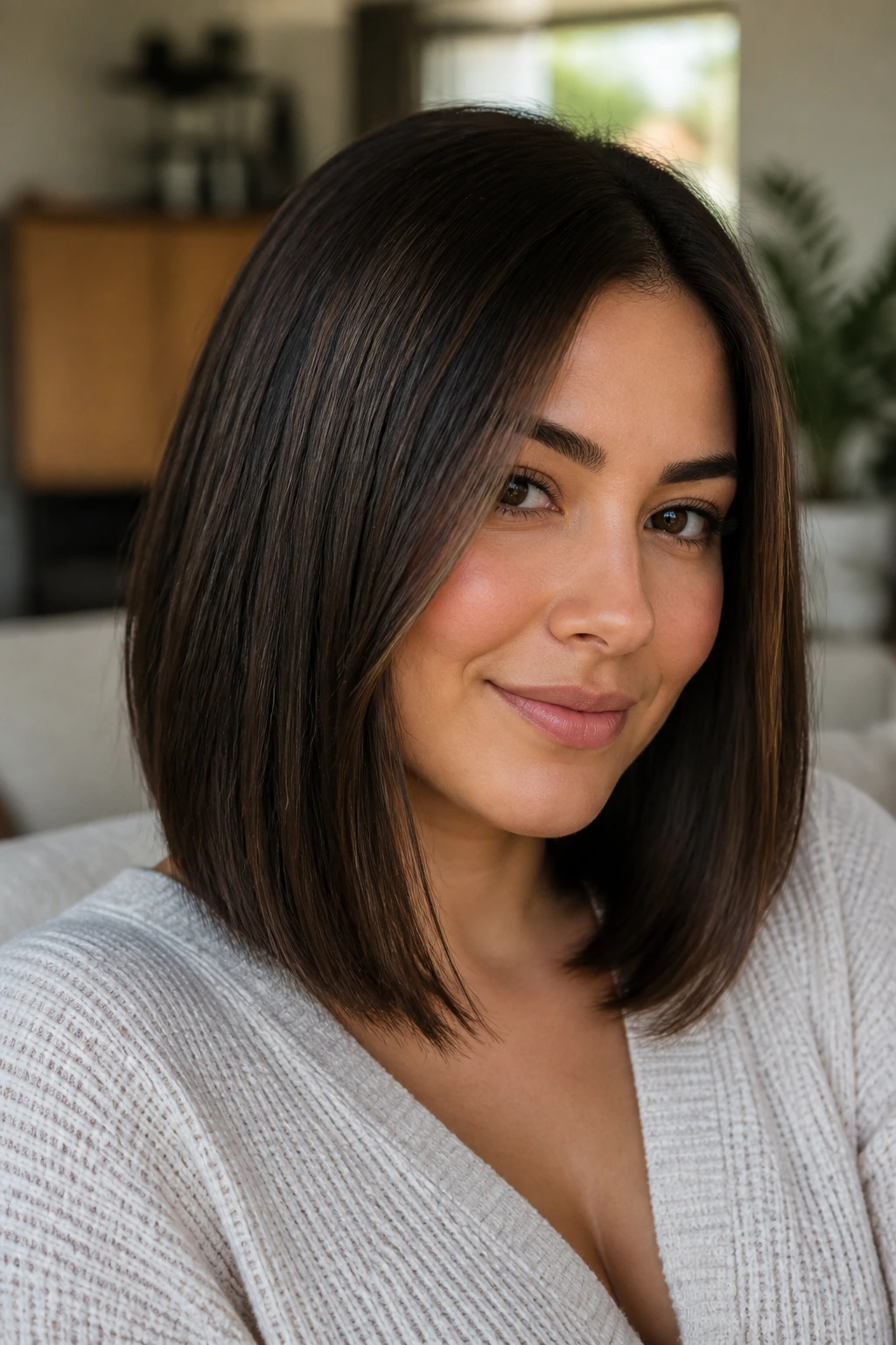 Close-up of a real woman with a subtle underlayer lob and smooth outer line.