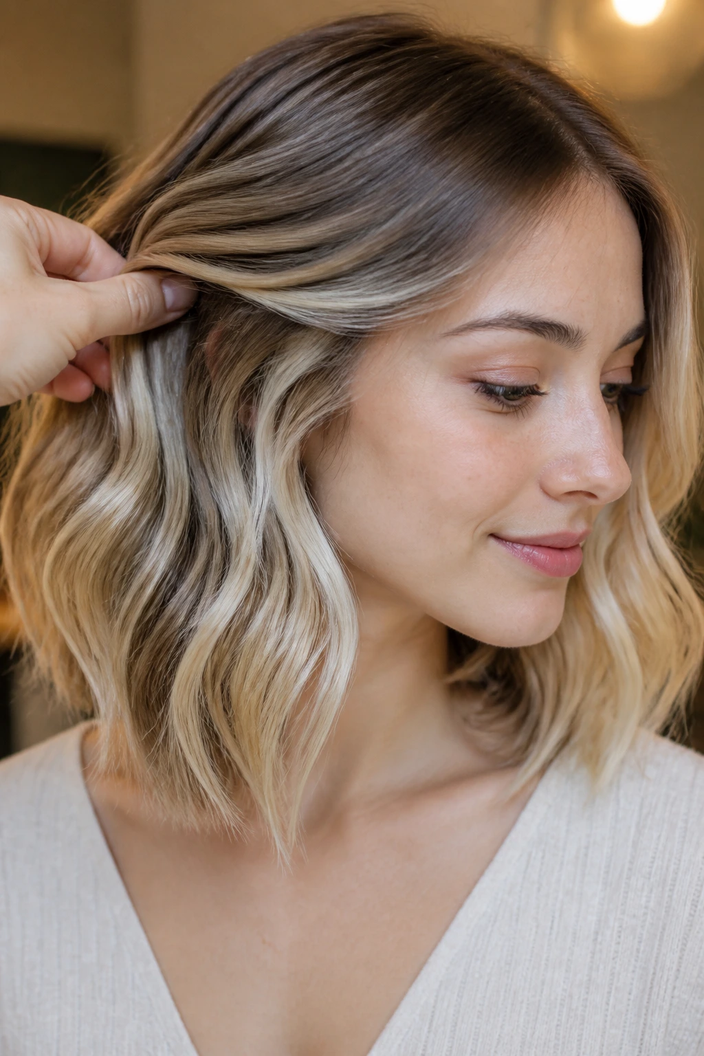 Underlayer peekaboo panels revealed in shoulder-length wavy hair