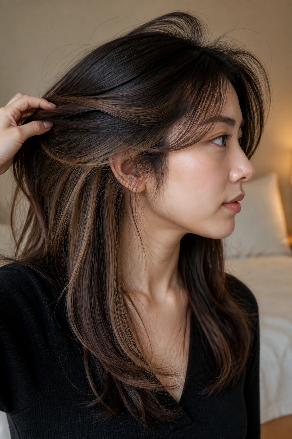 Side-profile portrait showing hidden underlayers lifting hair with caramel accents