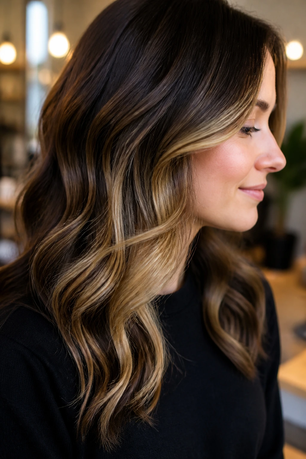 Close-up of brunette with blonde underlights in soft waves in a warm salon setting
