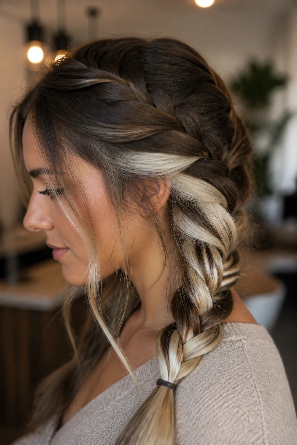 Close-up of a braid showing platinum underlights in brunette hair