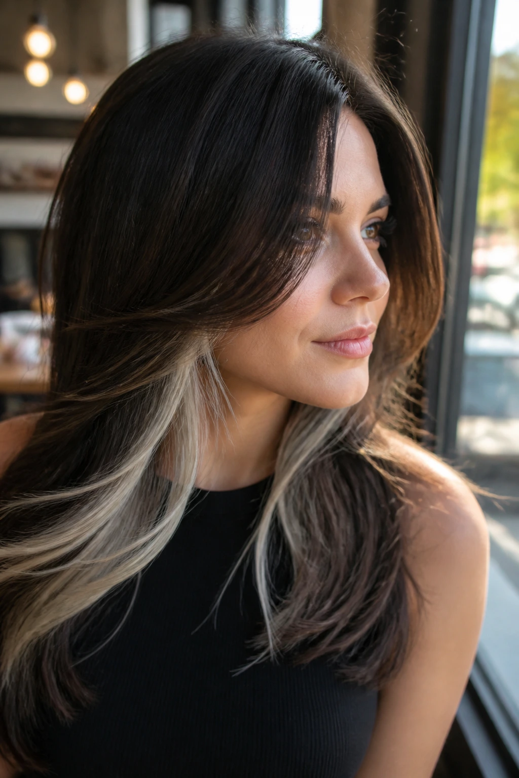 Portrait of a woman with hidden platinum underlights visible beneath dark top hair