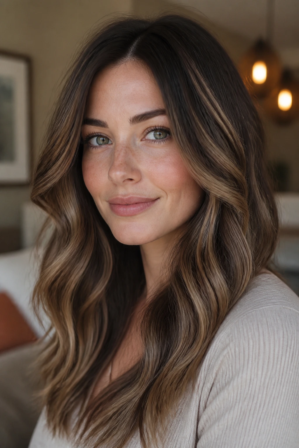 Portrait showing brunette base with beige caramel undertones suited for fair skin