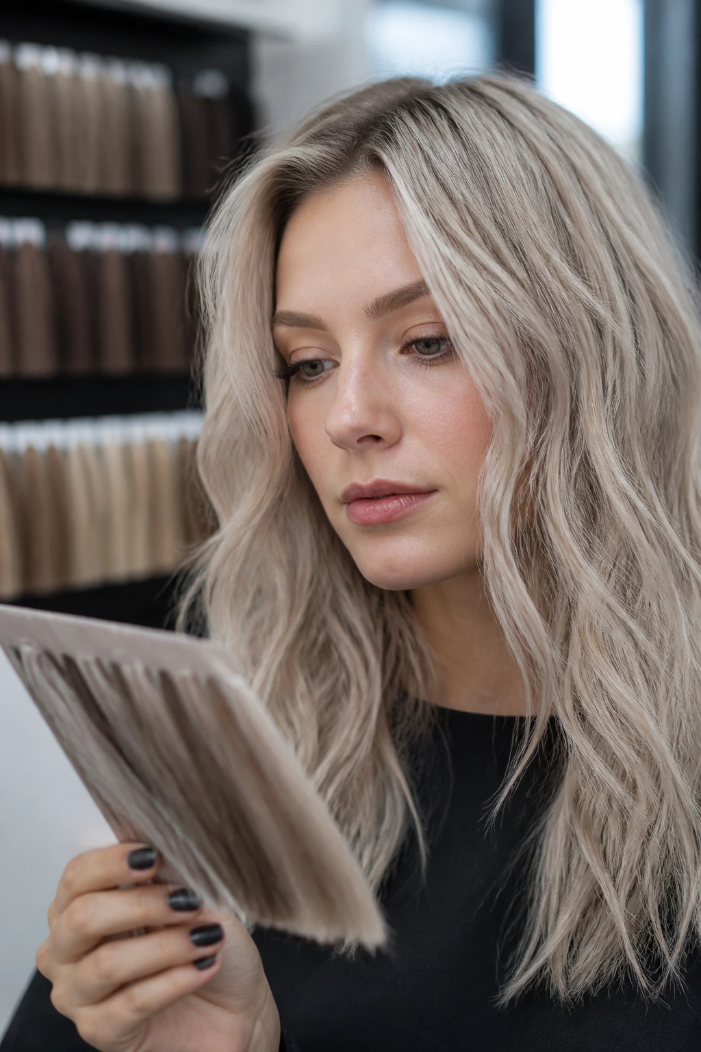Portrait evaluating hair color swatches for cool undertones