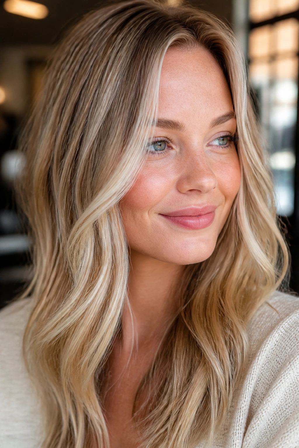 Close-up of real woman with undertone-matched blonde lowlights around the face.