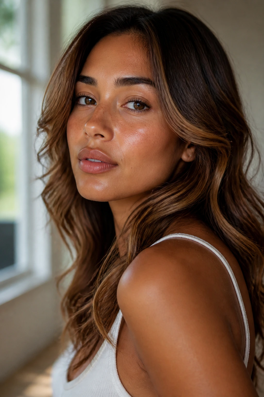 Close-up portrait highlighting undertone cues under window light.