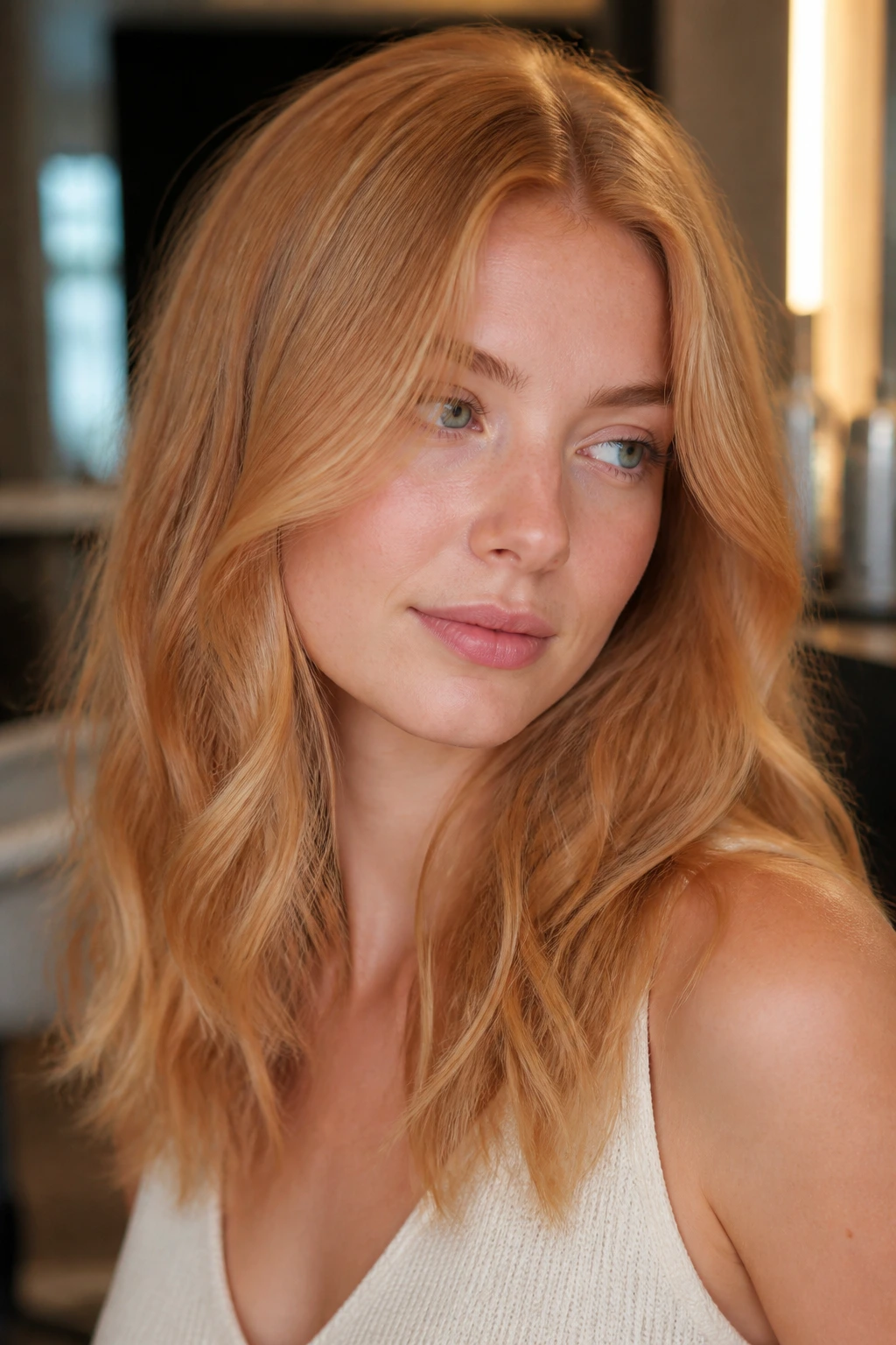 Portrait showing strawberry blond with undertone-balanced warmth near the face