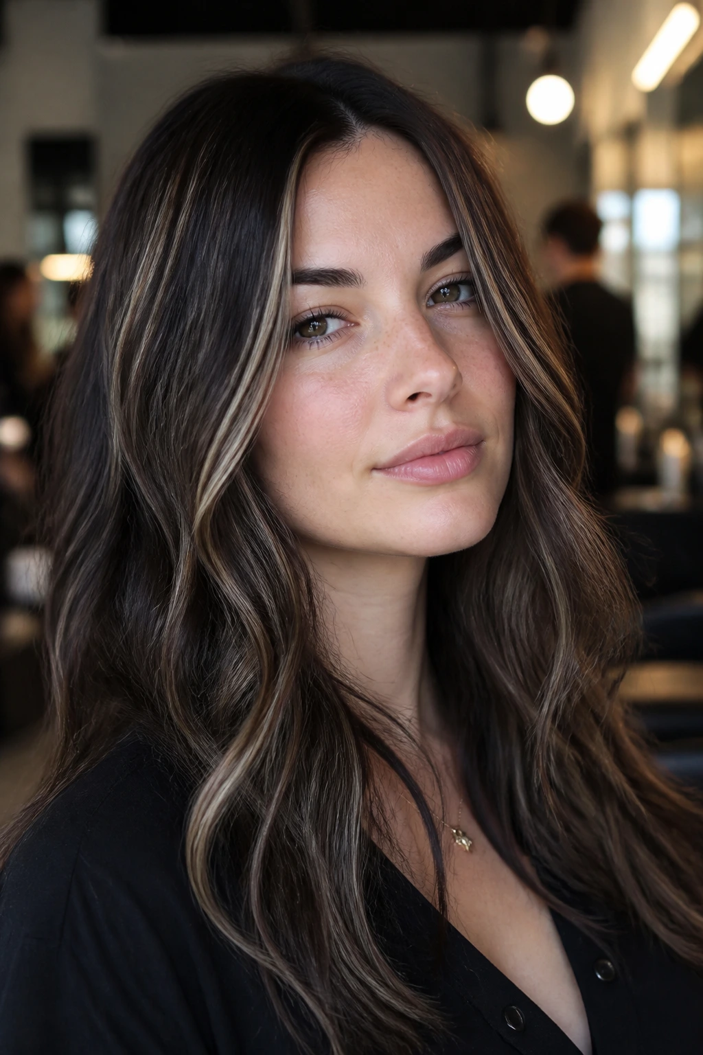 Close-up of a real person with cool skin showing ash mushroom espresso highlights