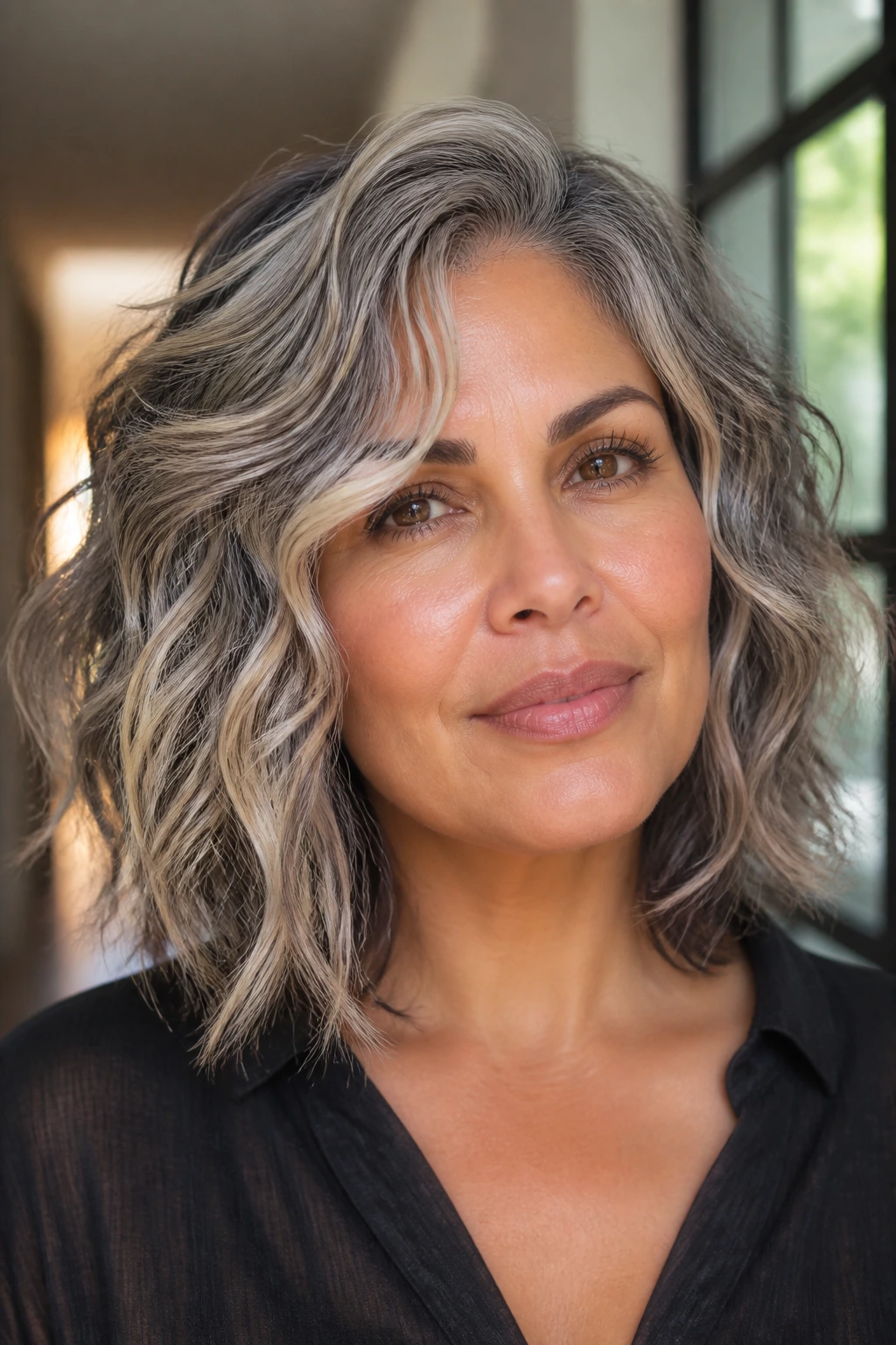 Medium-skinned person with multi-tone gray hair illustrating undertone choices