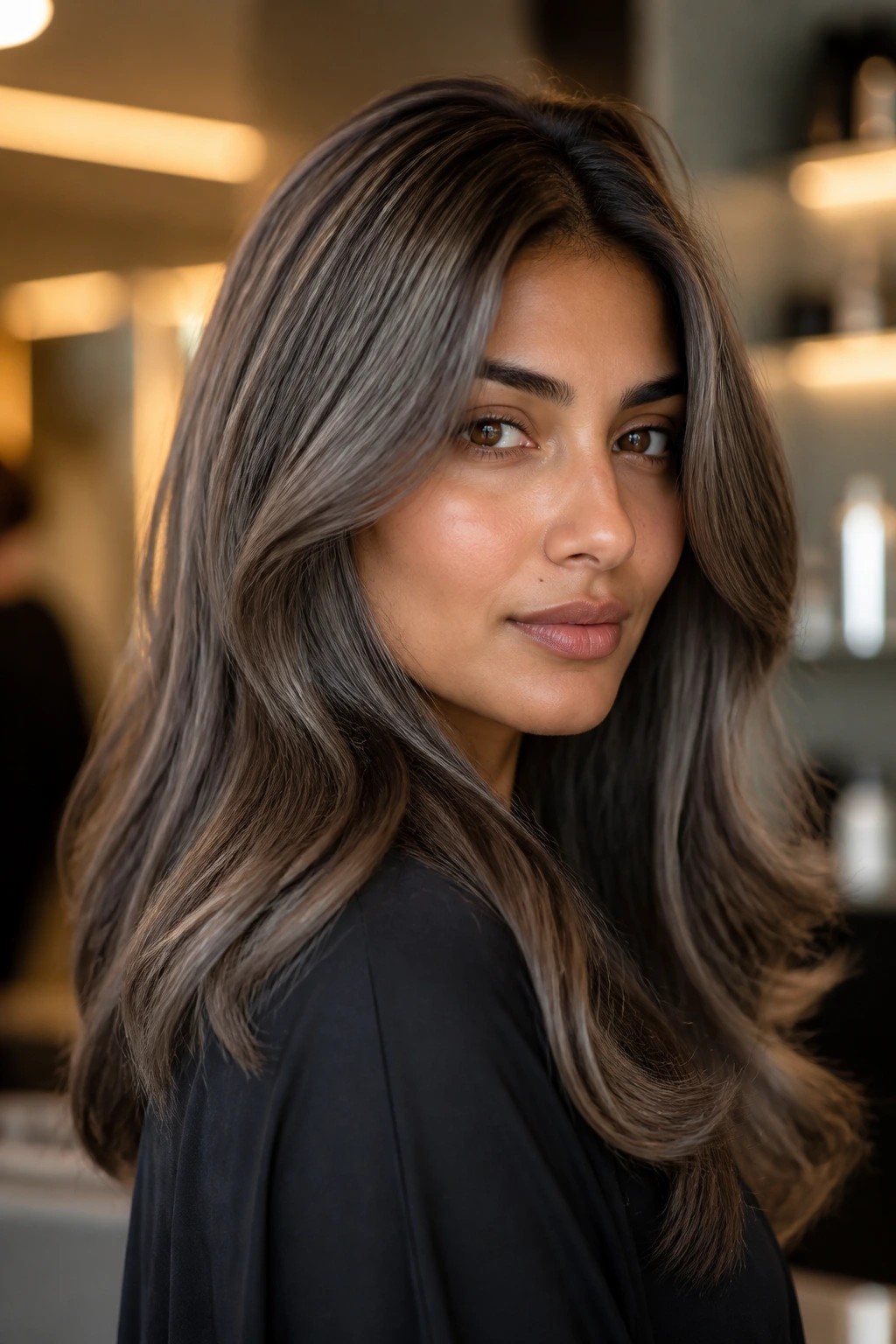 Portrait of a woman with warm-grey brown hair that flatters warm undertones.