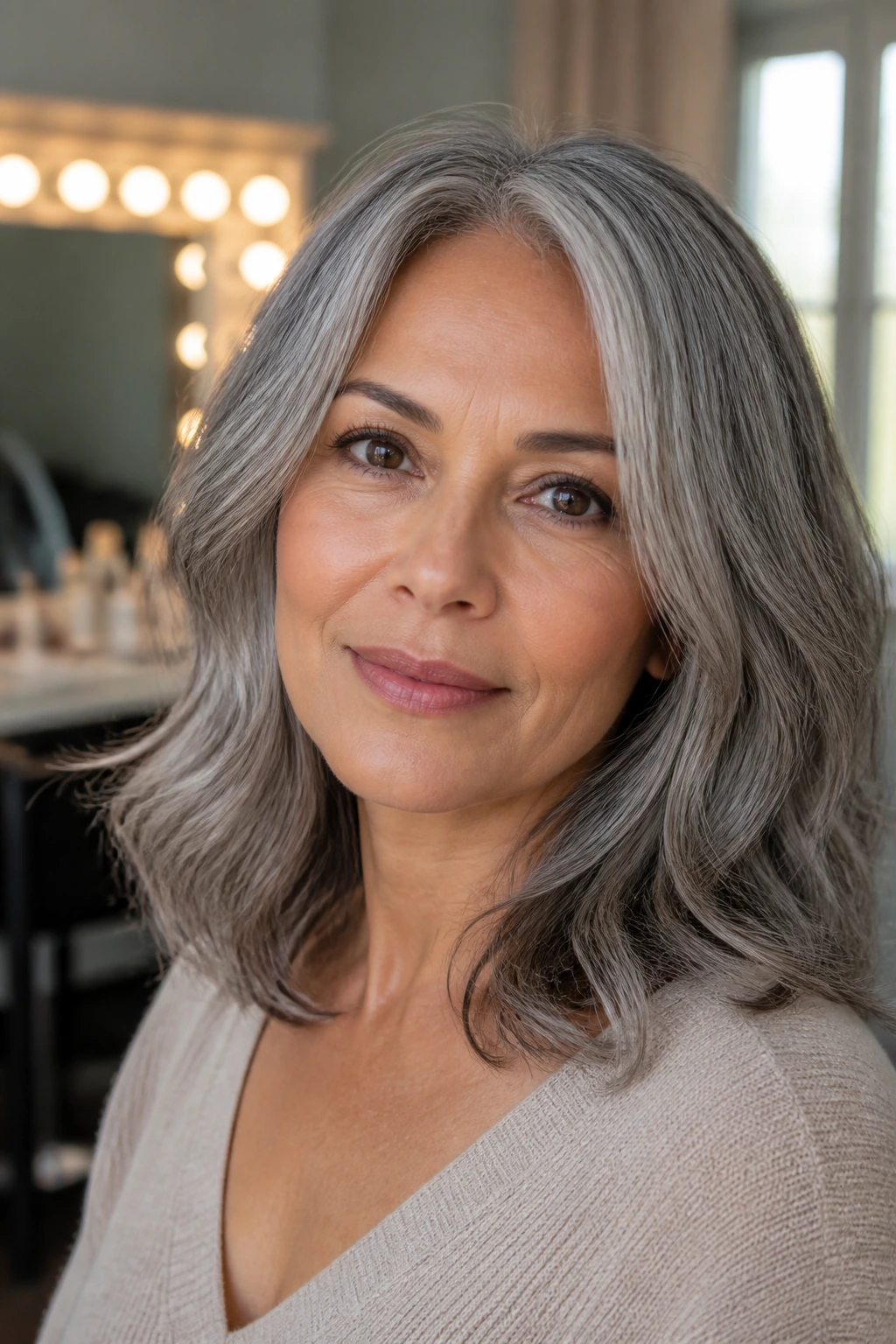 Close-up portrait of grey hair flattering undertones on a real person