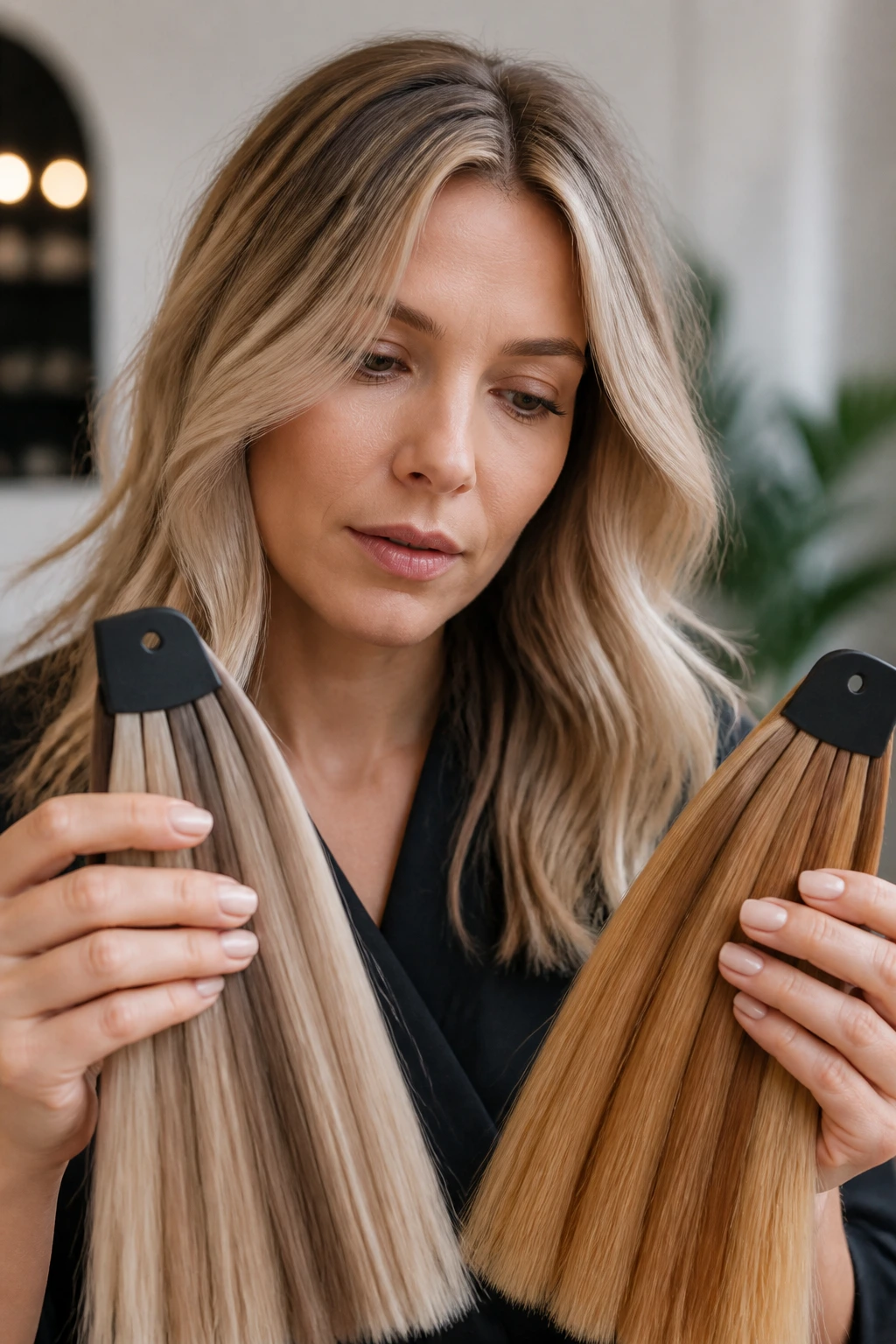 Close-up portrait of a woman considering undertones for hair color.