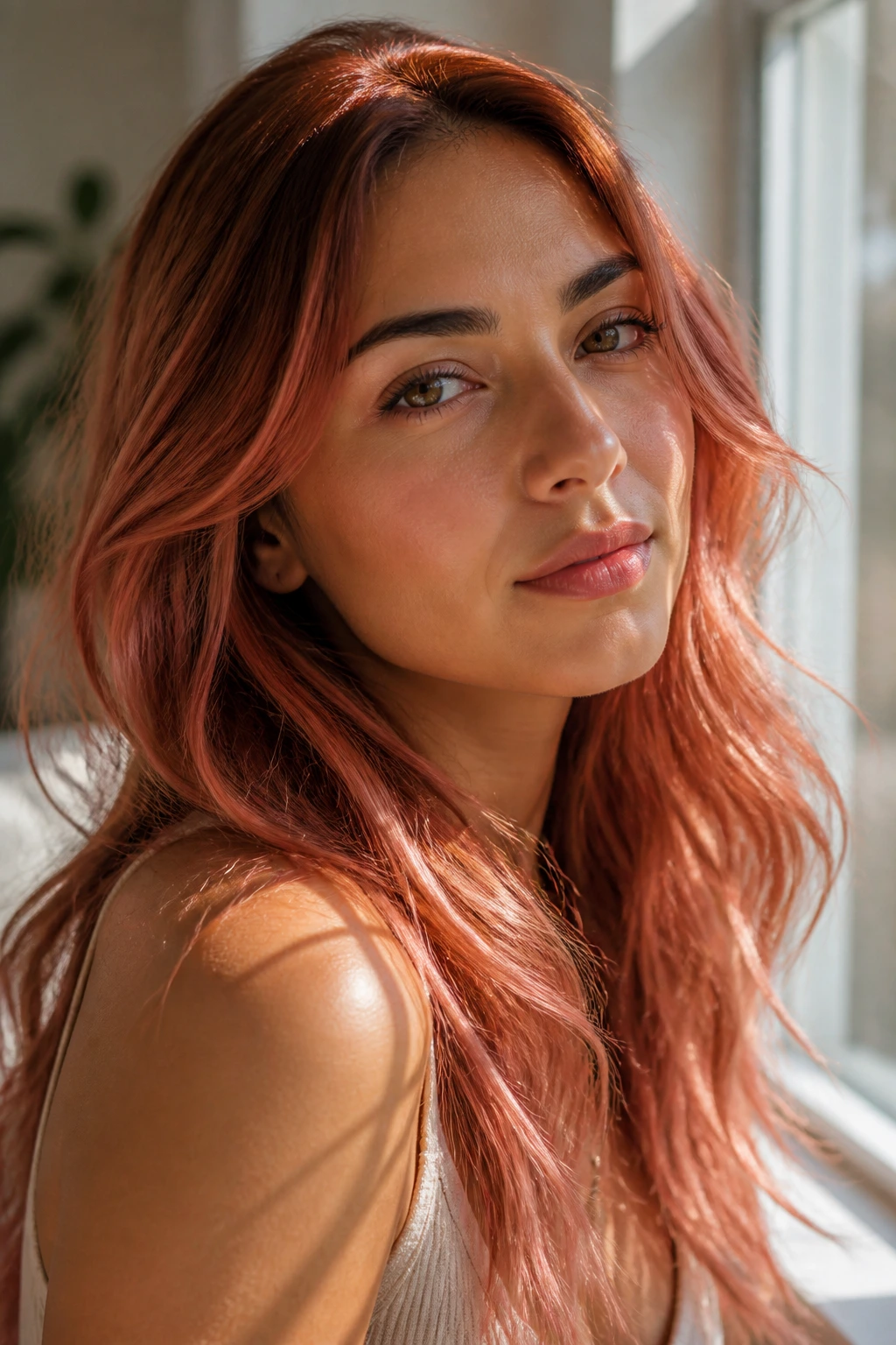 Portrait of a person with olive undertones and strawberry hair in daylight near a window.