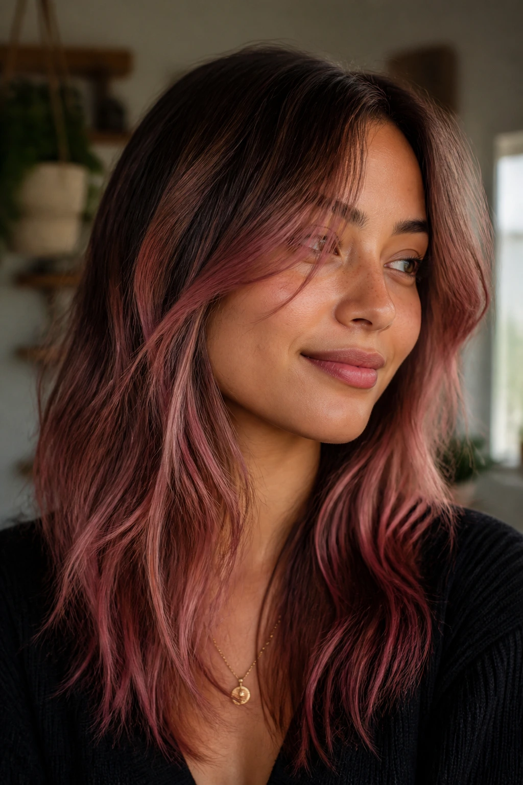 Portrait showing undertone-appropriate pink highlights on medium skin