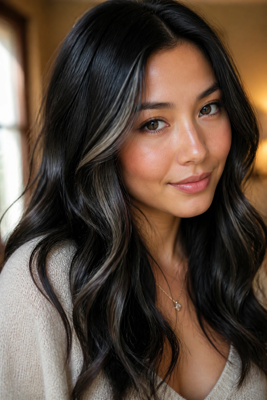 Close-up of a real person with ash-black highlights placed to suit golden undertones