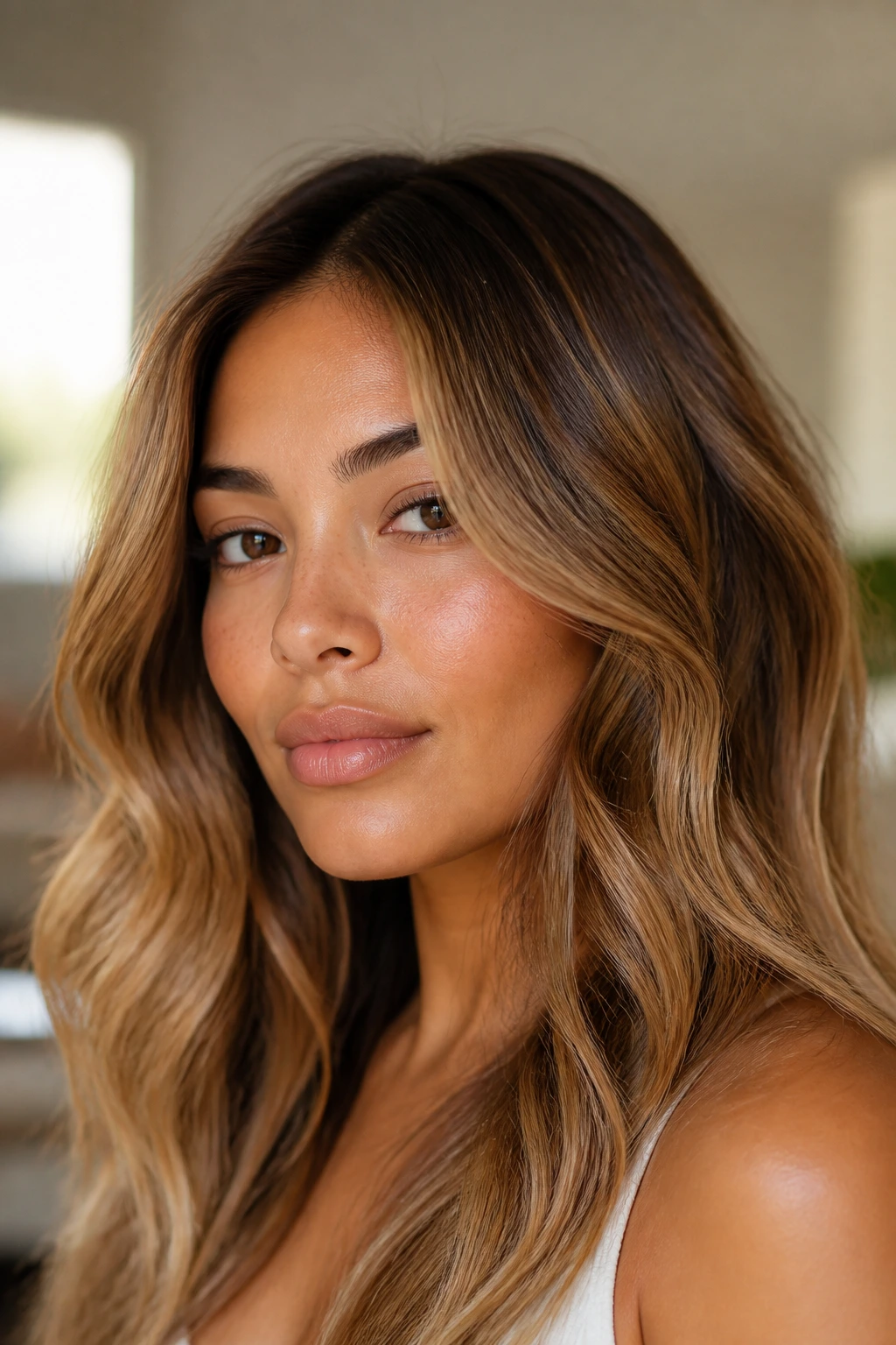 Portrait of hair with warm undertone shades: honey, caramel, bronze.