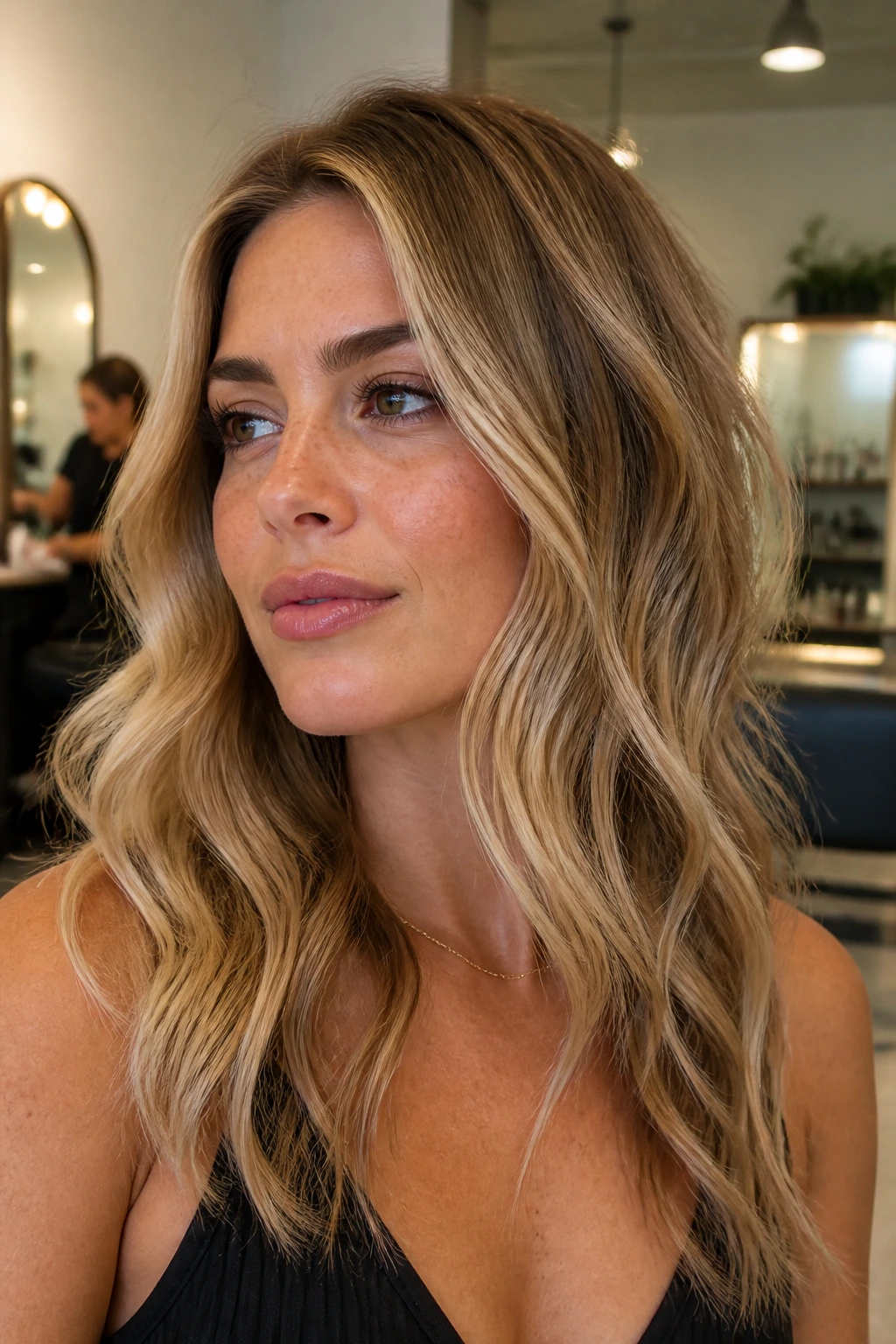 Portrait focusing on warm undertone skin for choosing the right blonde.