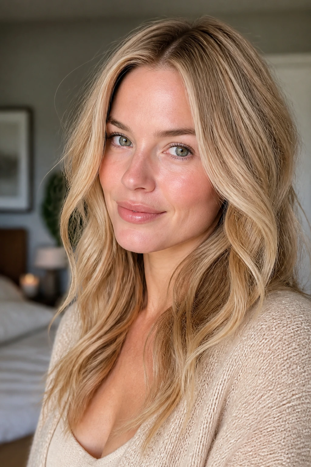 Portrait of a person with warm blonde hair and pink peach undertones