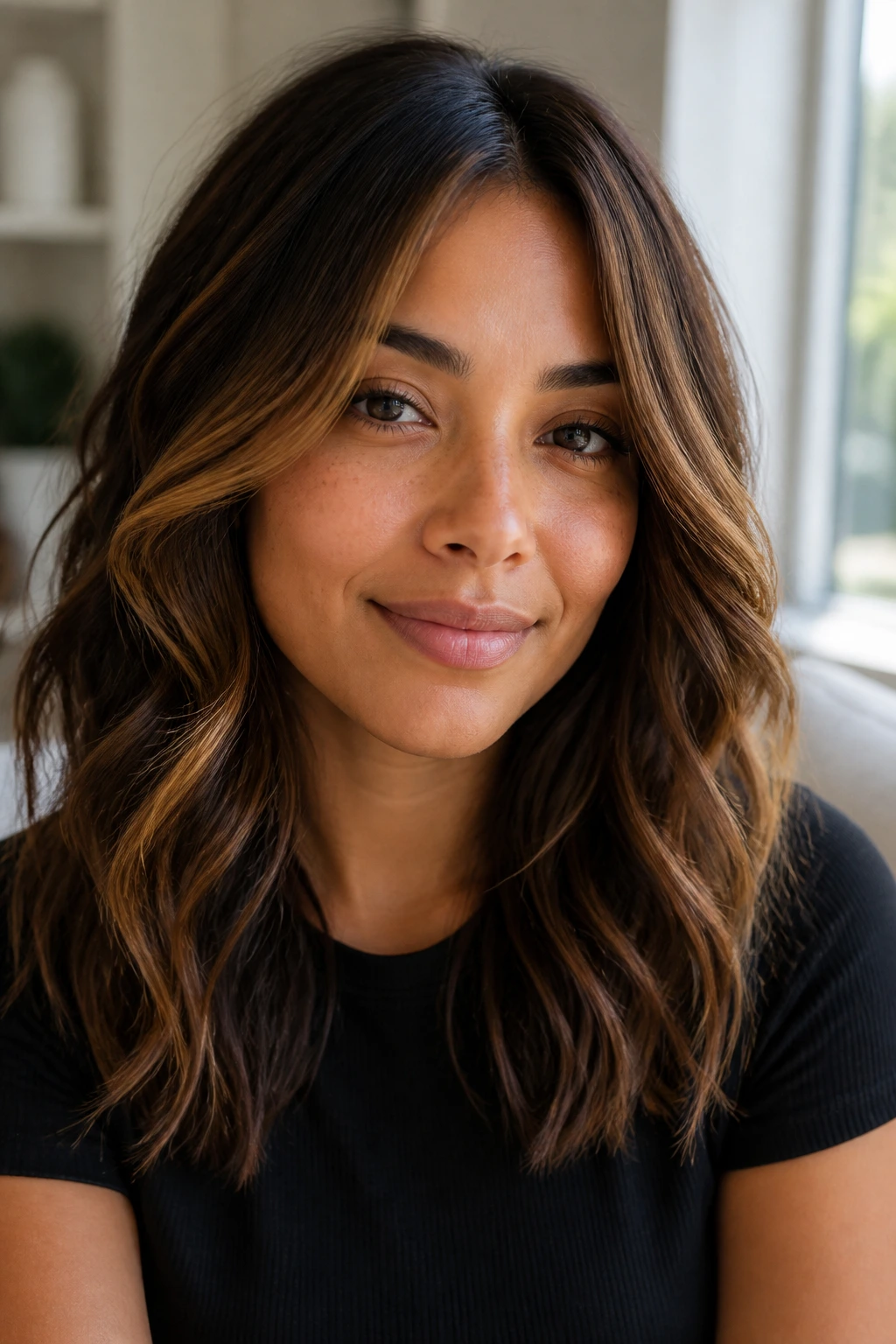 Portrait showing brown streaks suitable for warm, olive, and neutral undertones.