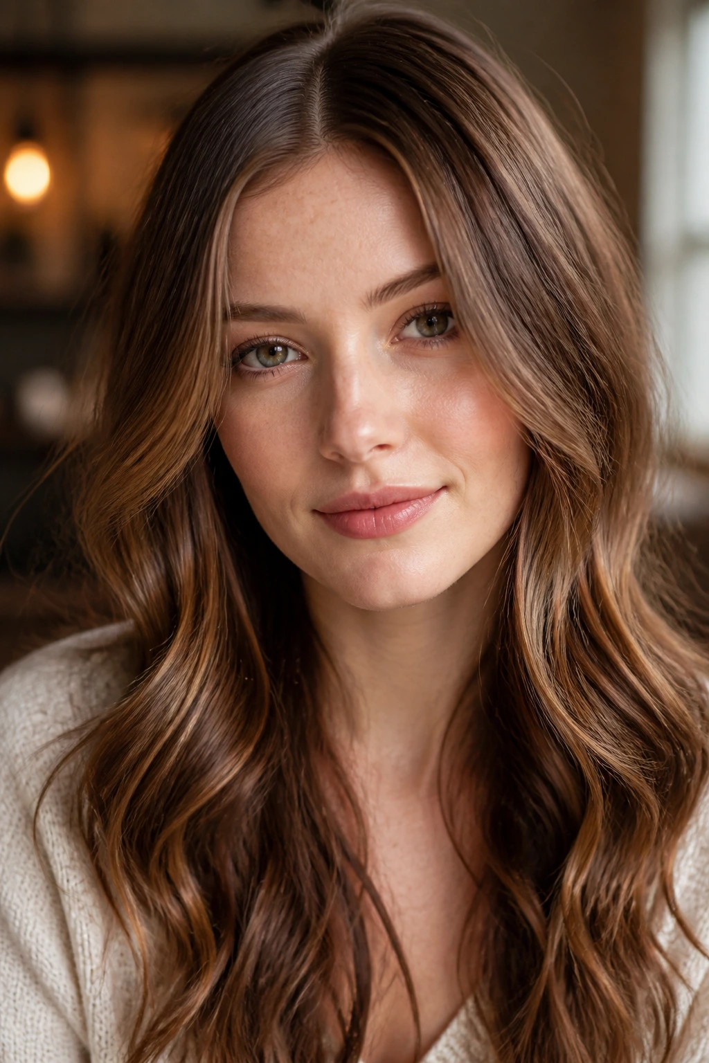 Portrait of a real woman with chestnut caramel hair tailored to fair skin undertones