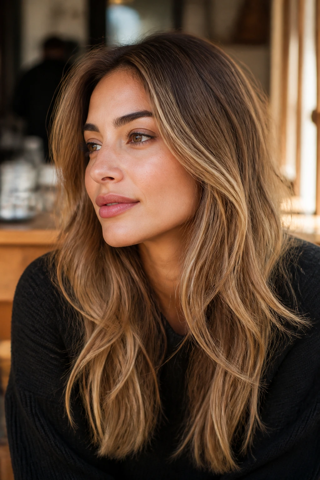 Close-up of a real person with warm blonde shade flattering olive undertone in cafe lighting.