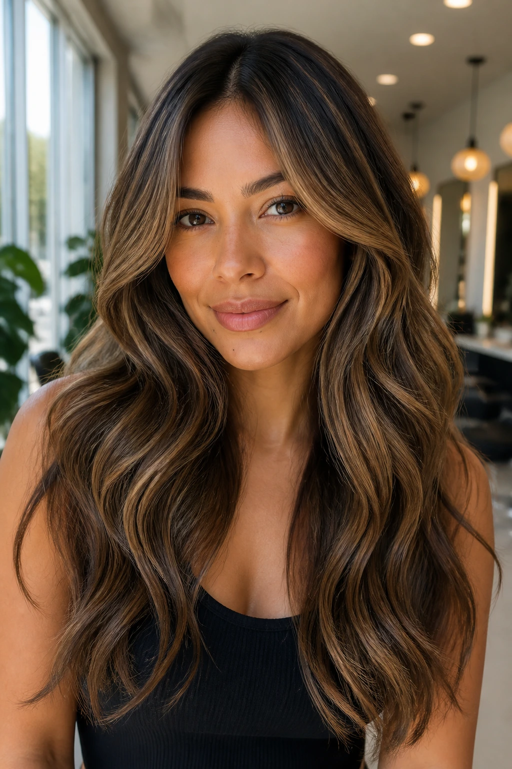 Close-up portrait of a real person with undertone-balanced hair for tan skin under natural light.