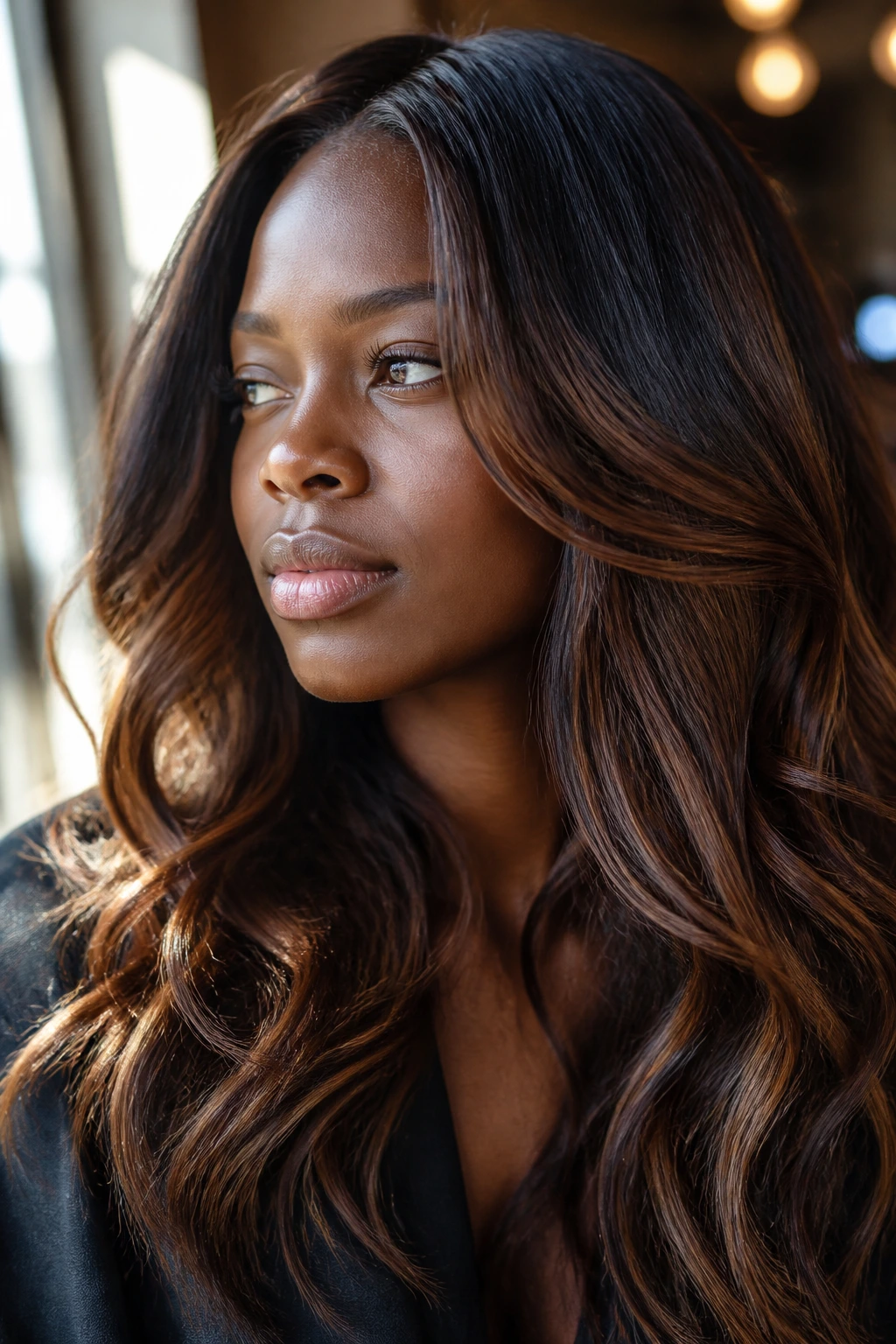 Close-up portrait showing deep skin tone with brunette undertones in the hair.