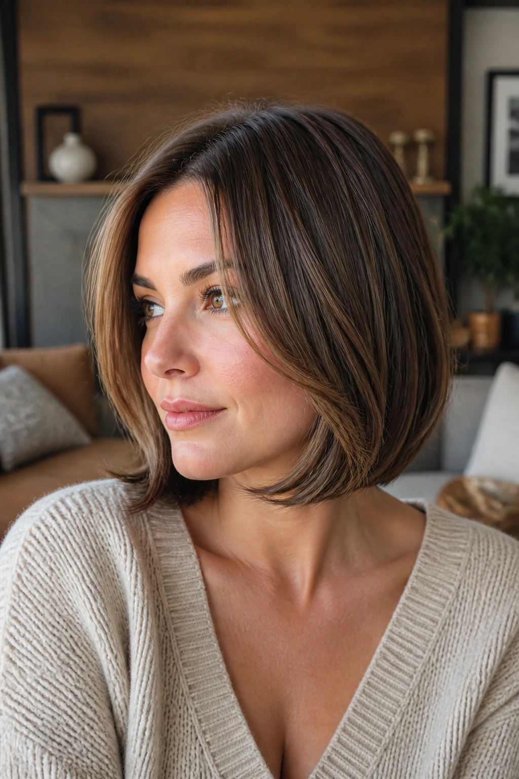Close-up of a real woman with an underturned bronze bob and bronze lowlights in warm living-room light.