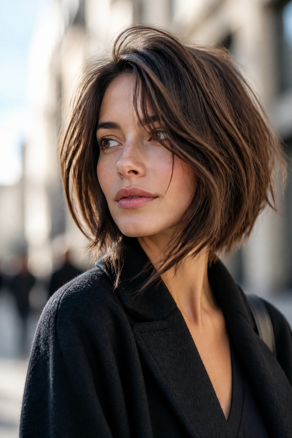 Close-up of a real woman showing an undone angled bob in urban light