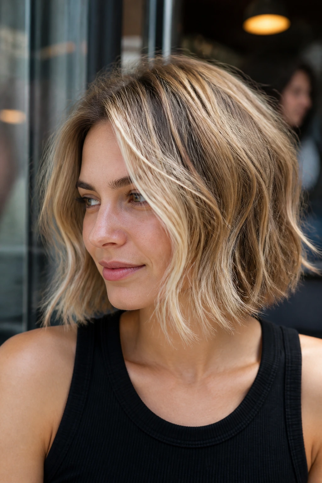 Real woman with undone bob and bright crown caramel highlights in natural cafe light.