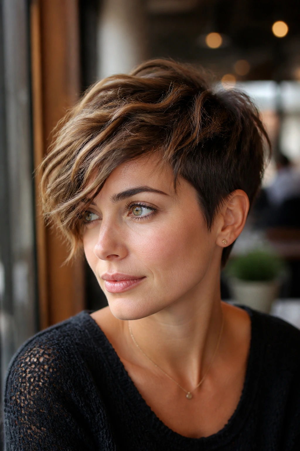 Real woman with undone side-sweep crop and loose fringe.
