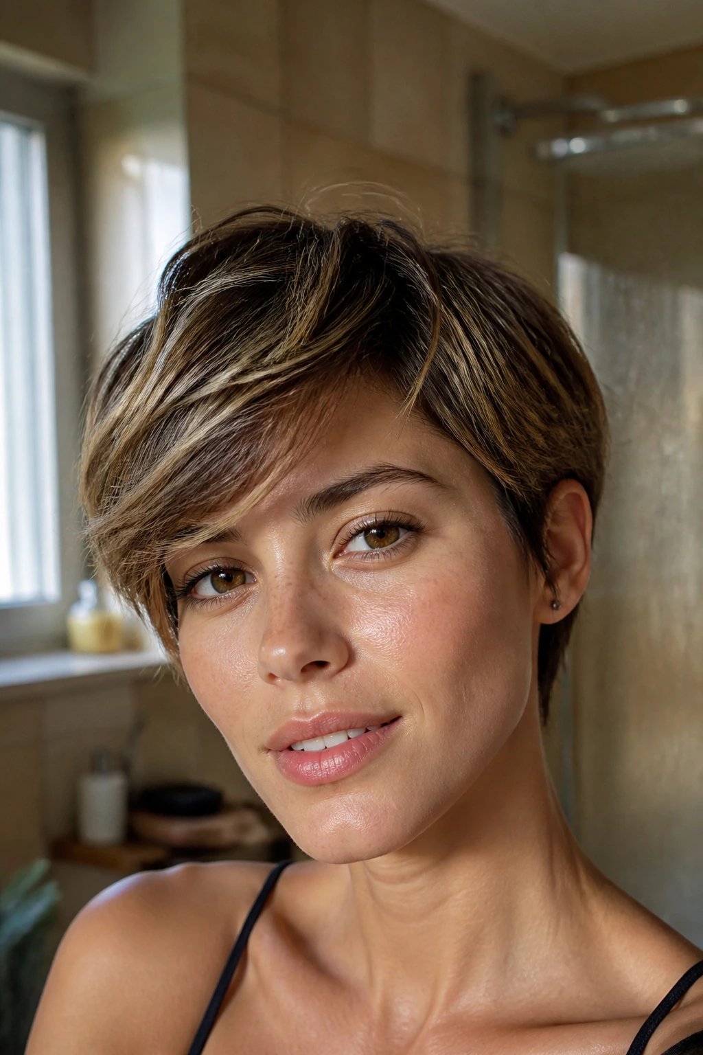 Close-up of real woman with undone crop sweep fringe