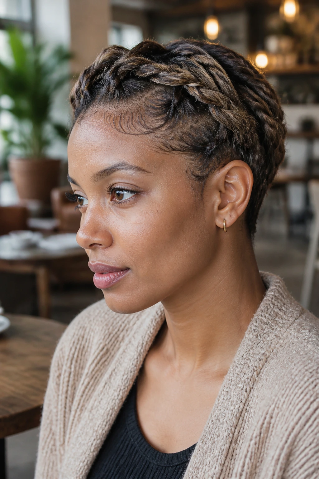 Close-up of a real person with undone Dutch braids and babylights