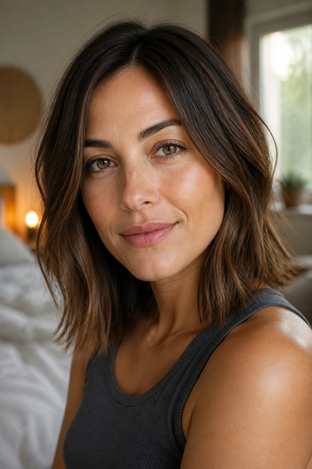 Close-up of a woman with undone French lob showing soft texture around the cheeks