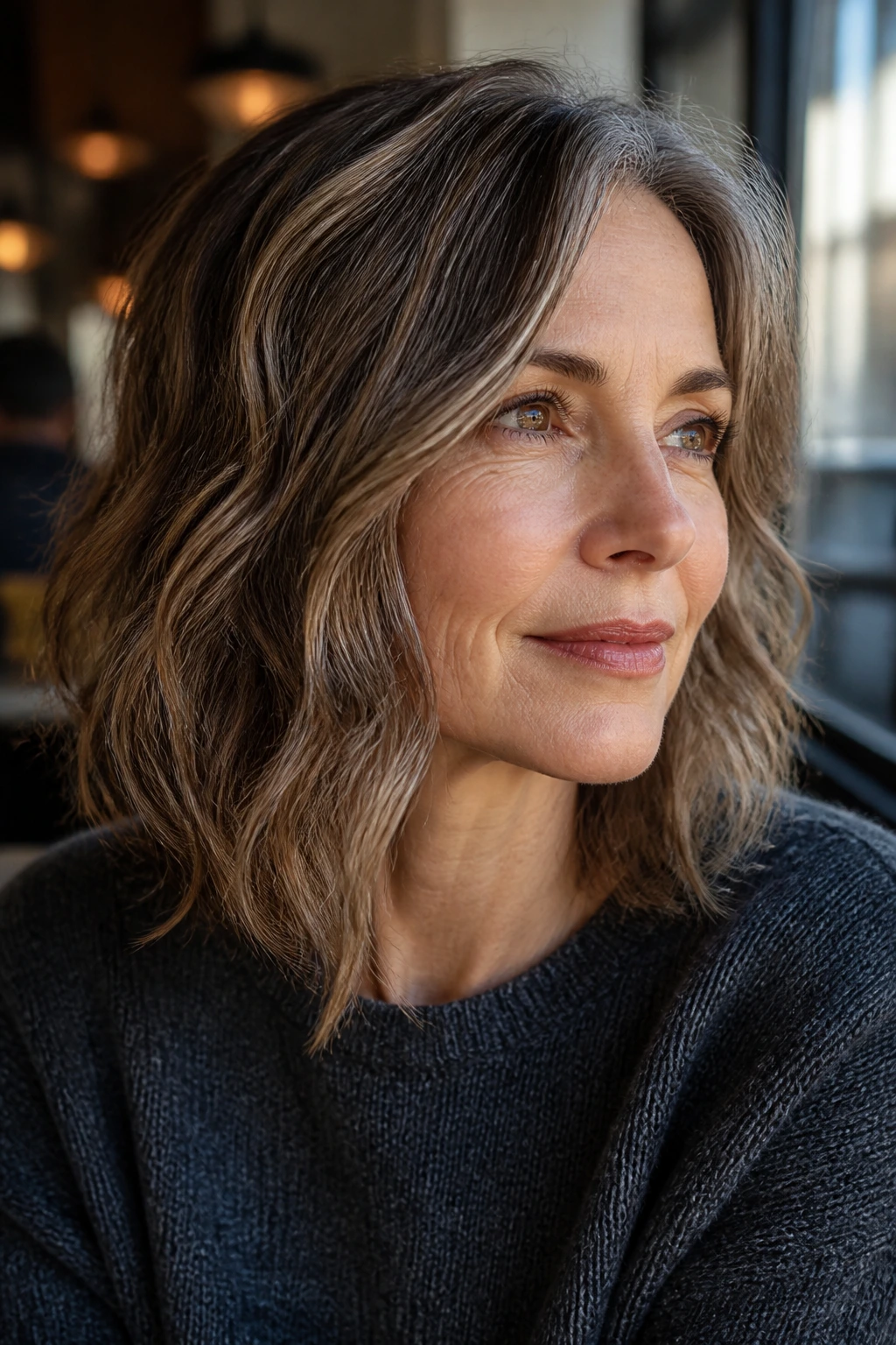 Close-up of a real woman with an undone long lob and loose waves.