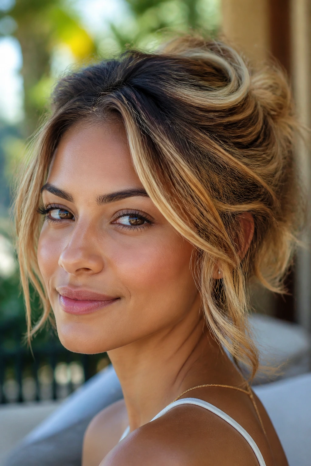 Portrait of a real woman with an undone updo and golden glow highlights.